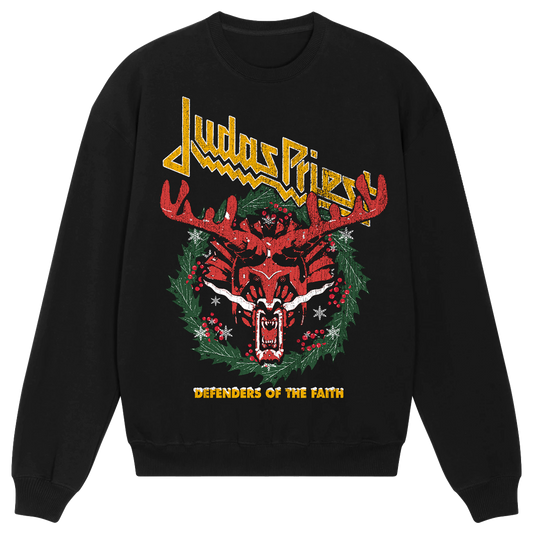 A soft black pullover sweatshirt with custom holiday themed artwork across the front, from Judas Priest.