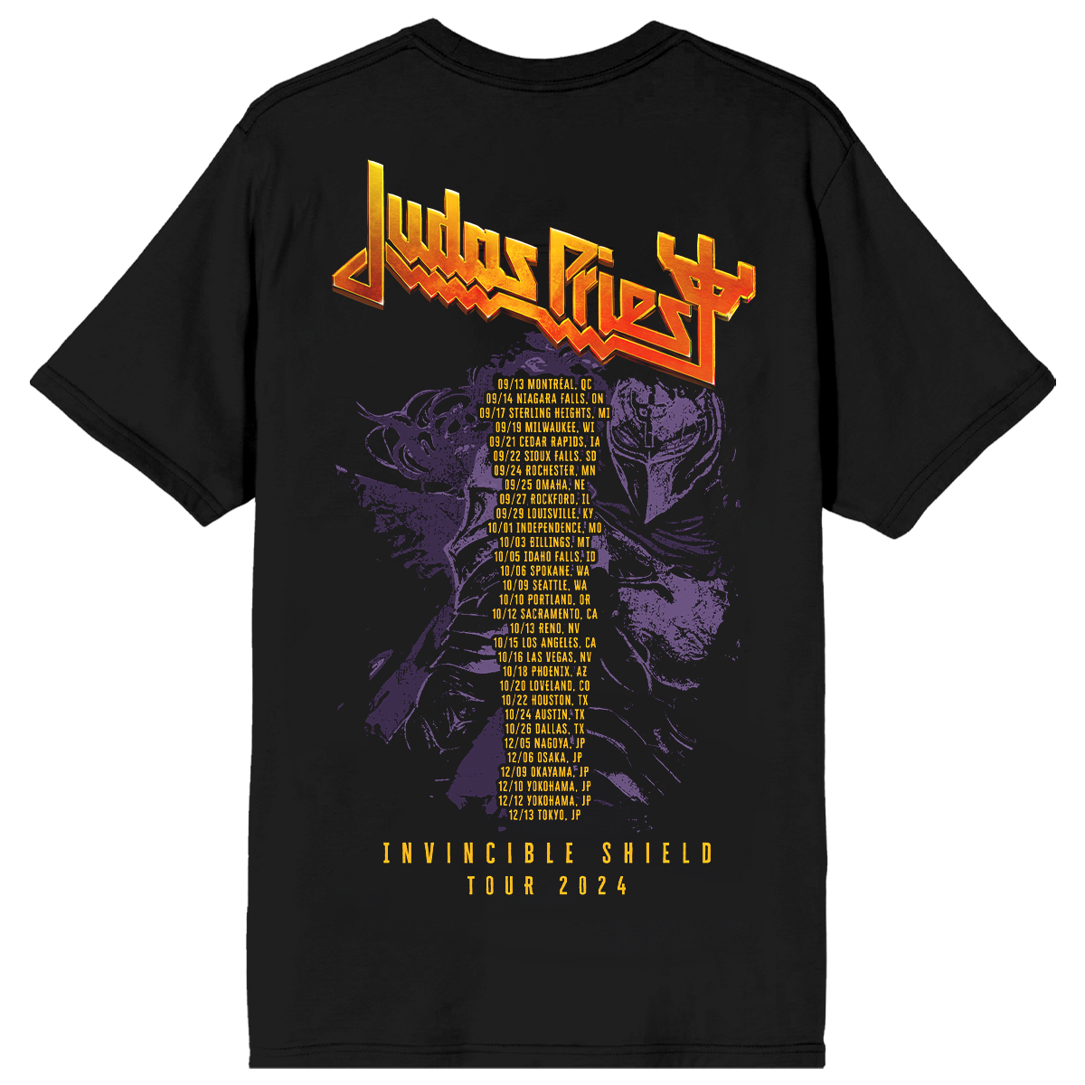 A black cotton short sleeve tee with Judas Priest logo, artwork, and tour dates on the back.