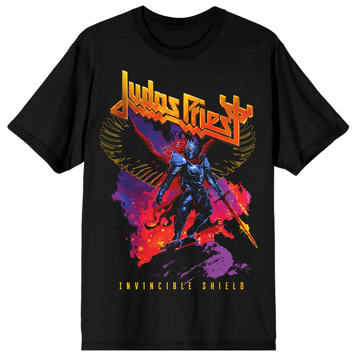 A black cotton short sleeve tee with Judas Priest logo, artwork, and tour dates on the back.