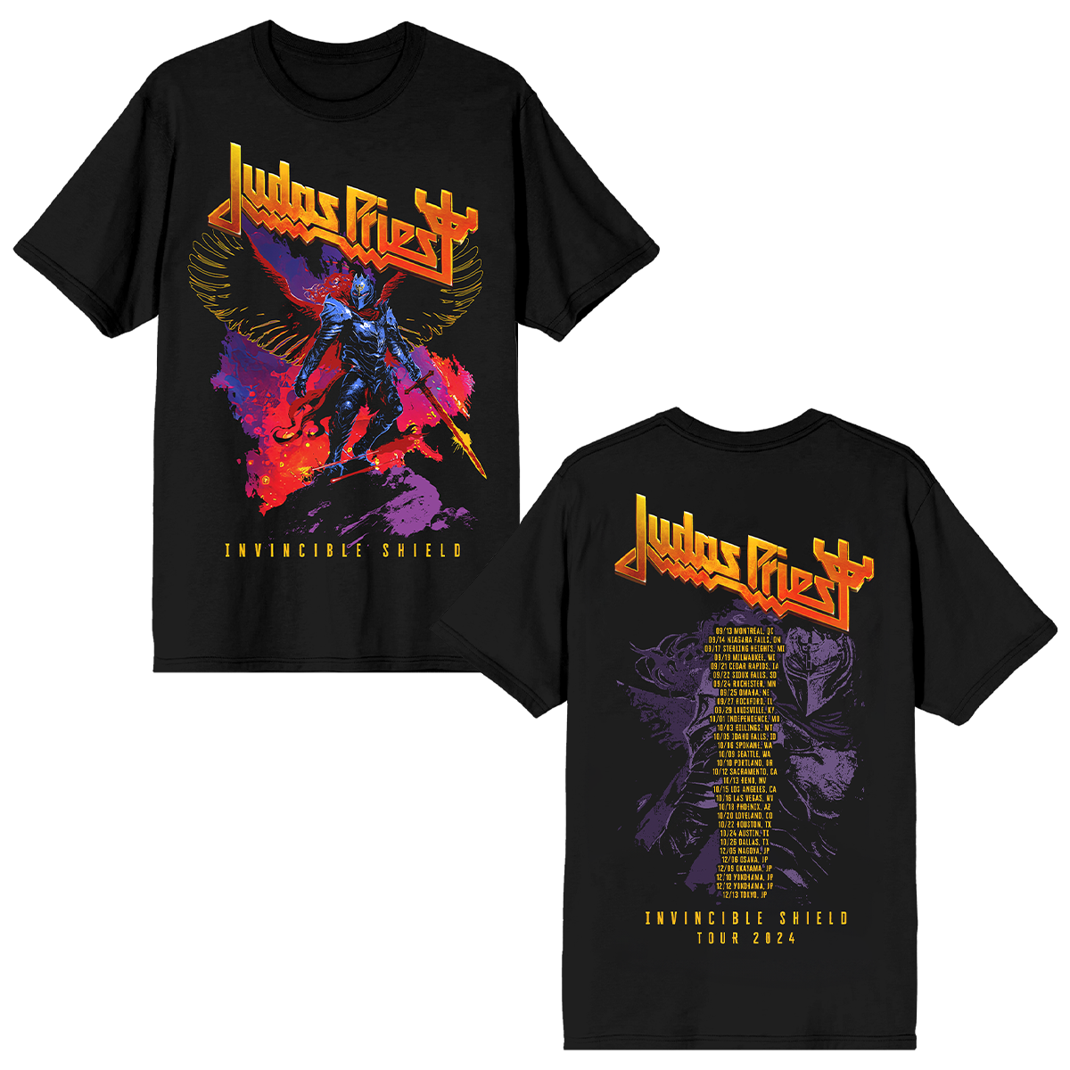 A black cotton short sleeve tee with Judas Priest logo, artwork, and tour dates on the back.