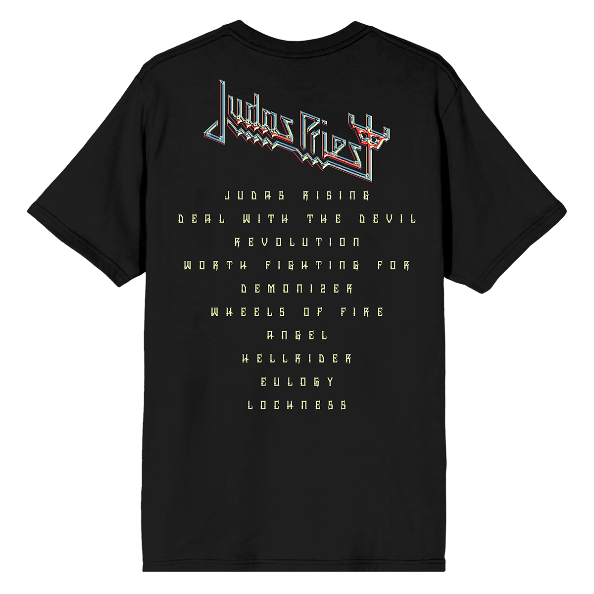 A classic black cotton tee shirt with Angel of Retribution album artwork and track list from Judas Priest.