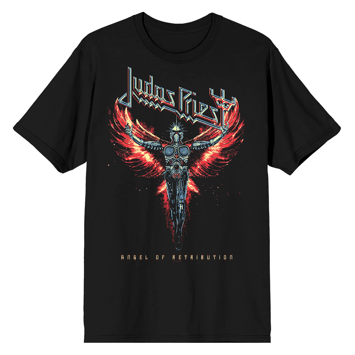 A classic black cotton tee shirt with Angel of Retribution album artwork and track list from Judas Priest.