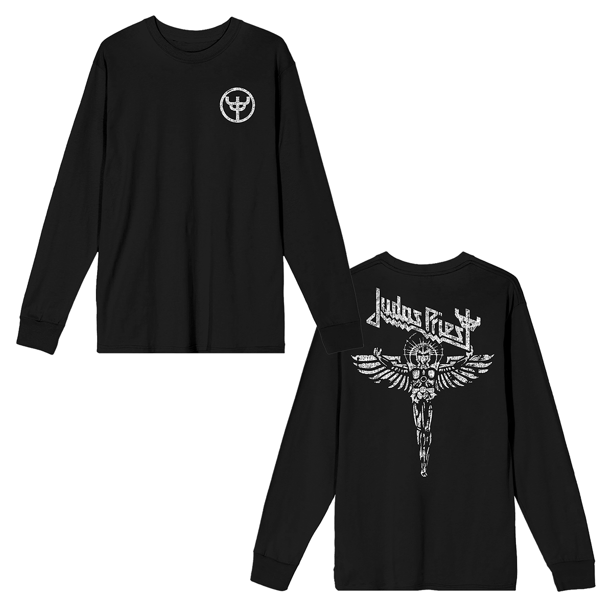 A classic black cotton long sleeve tee with artwork inspired by the Angel of Retribution album cover on the front and back, from Judas Priest.