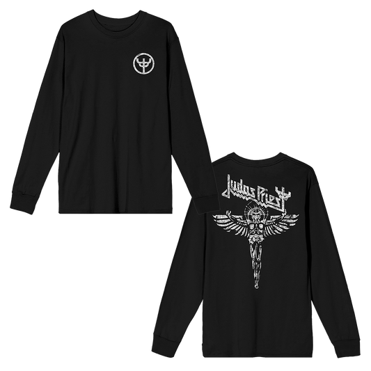 A classic black cotton long sleeve tee with artwork inspired by the Angel of Retribution album cover on the front and back, from Judas Priest.