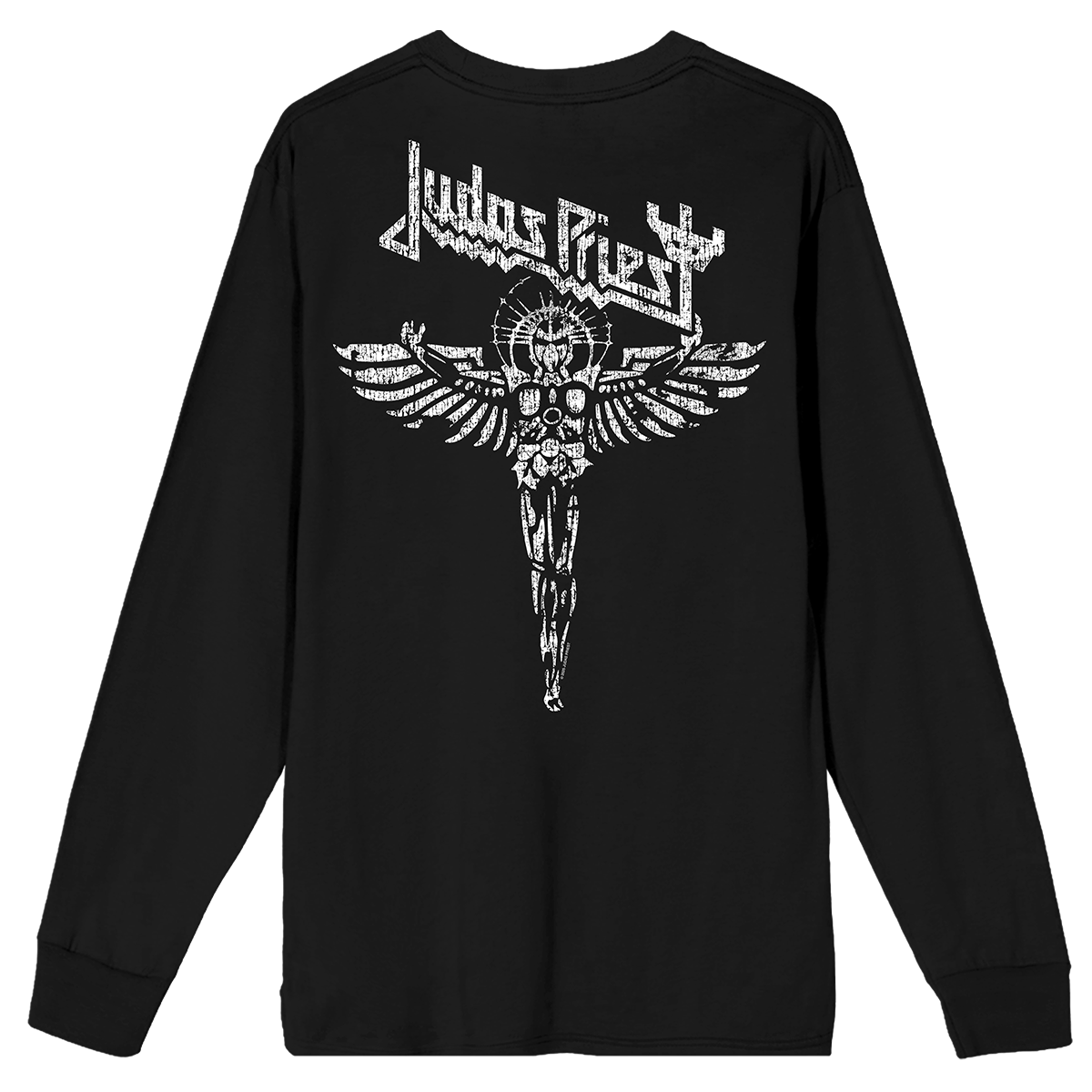 A classic black cotton long sleeve tee with artwork inspired by the Angel of Retribution album cover on the front and back, from Judas Priest.