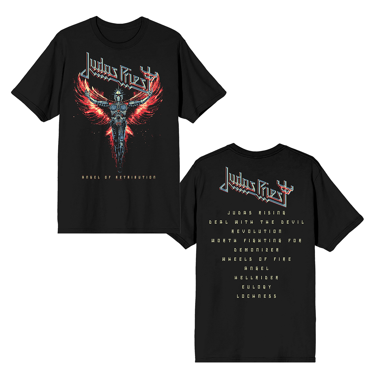 A classic black cotton tee shirt with Angel of Retribution album artwork and track list from Judas Priest.