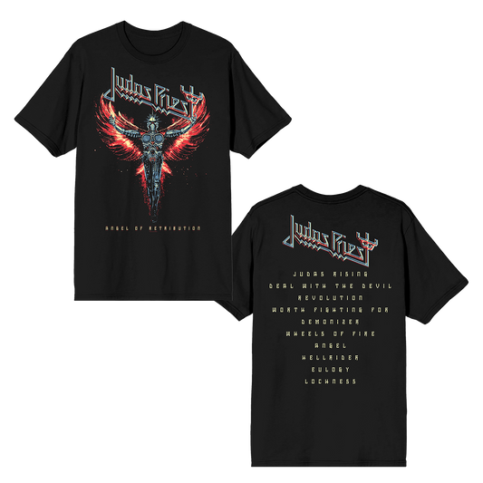 A classic black cotton tee shirt with Angel of Retribution album artwork and track list from Judas Priest.