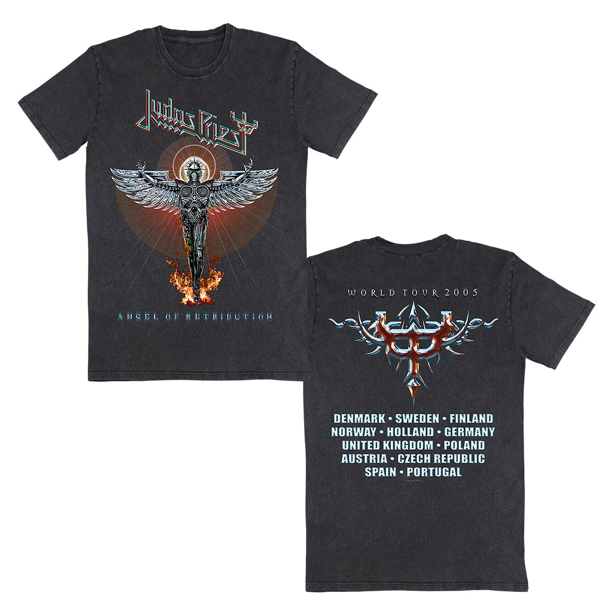 A vintage washed black short sleeve tee with custom artwork from the Angel of Retribution album cover on the front and back, from Judas Priest.