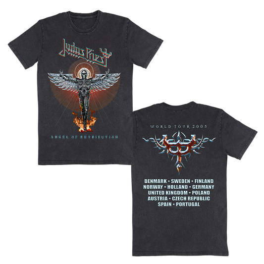 A vintage washed black short sleeve tee with custom artwork from the Angel of Retribution album cover on the front and back, from Judas Priest.