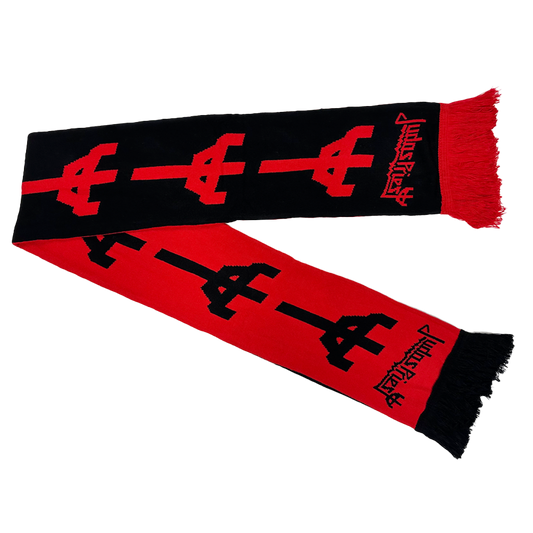 A red and black two tone knit scarf from Judas Priest