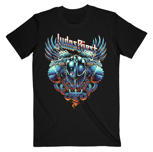 A classic fit cotton black tee with custom artwork celebrating the anniversary of Painkiller, the twelfth studio album from Judas Priest.