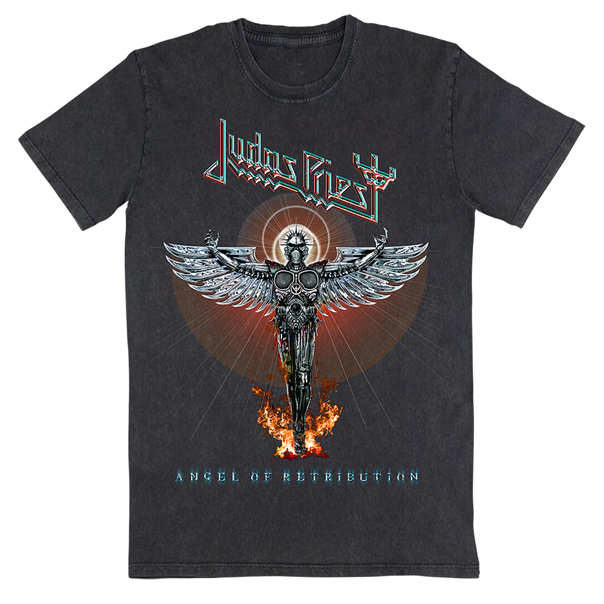 A vintage washed black short sleeve tee with custom artwork from the Angel of Retribution album cover on the front and back, from Judas Priest.